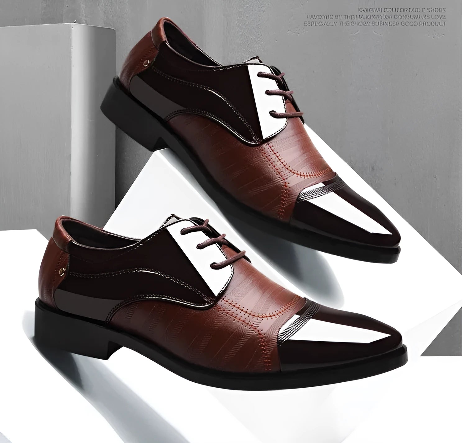 Men's black pointed toe low top business dress shoes with artificial PU upper and rubber sole