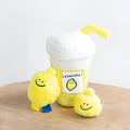 Yellow plush lemon tea cup pet toy with BB call and side snack pocket