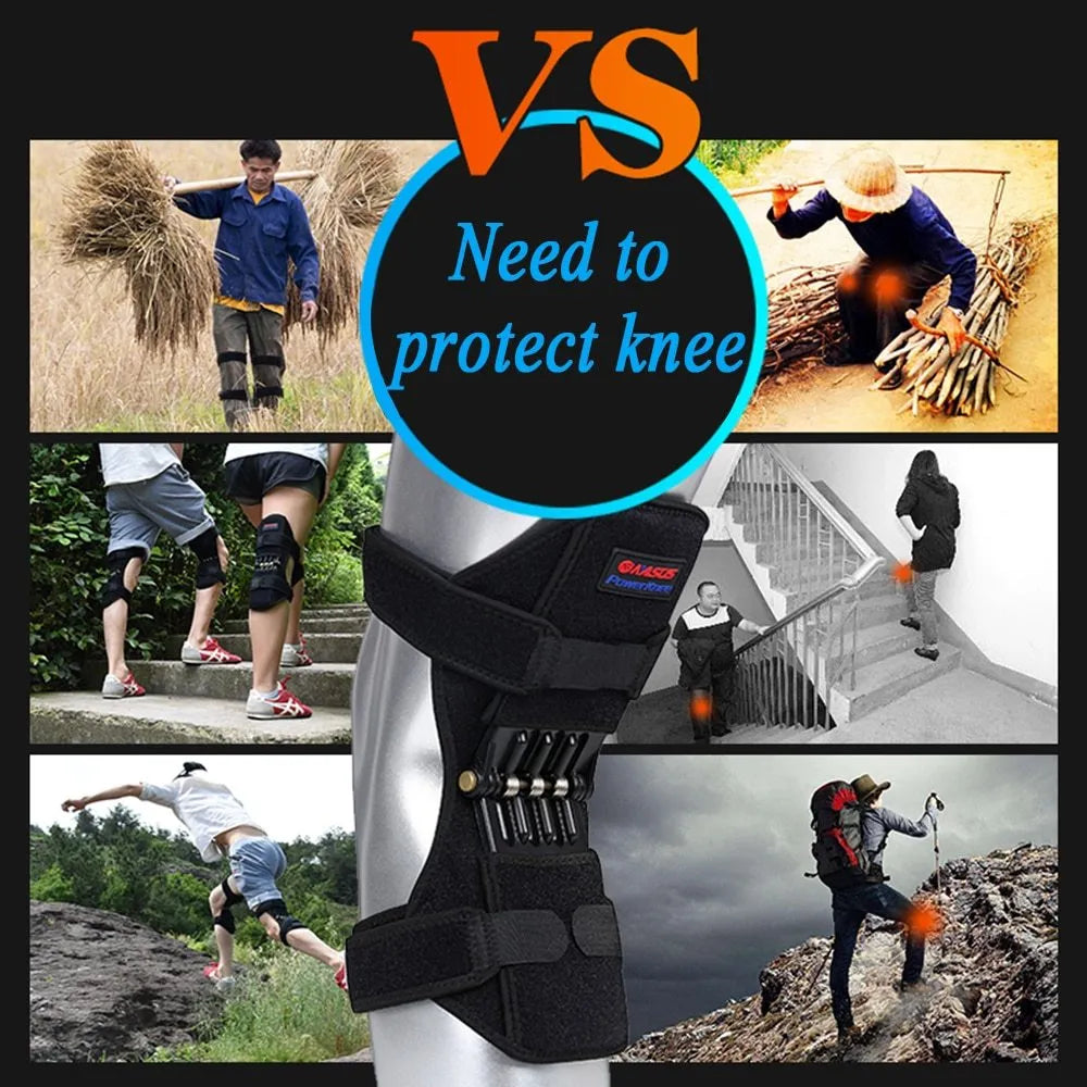 Black adjustable spring knee brace support for patella, shown on a knee with straps and venting holes.
