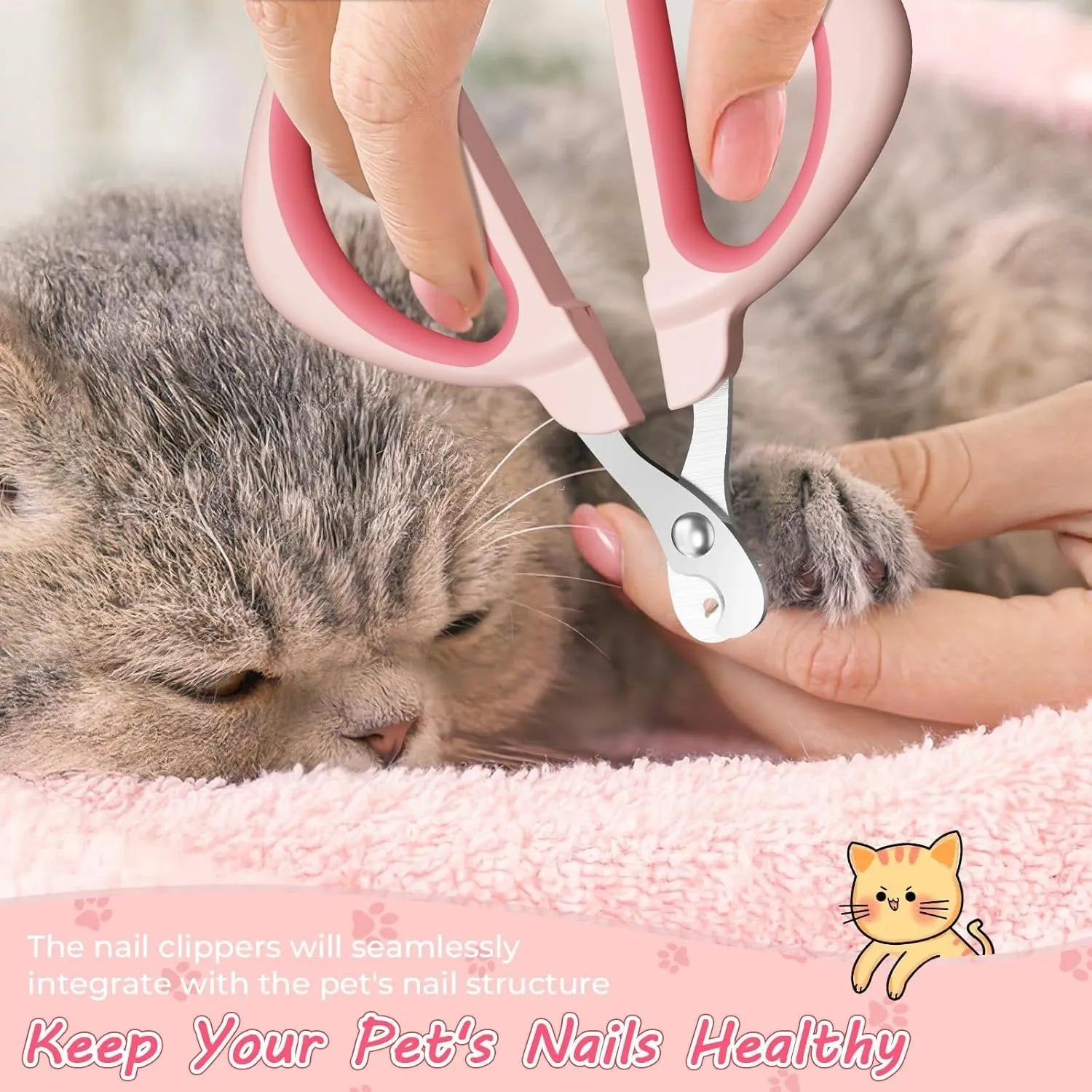 Cat nail clipper with positioning hole design and non-slip handle in blue or pink