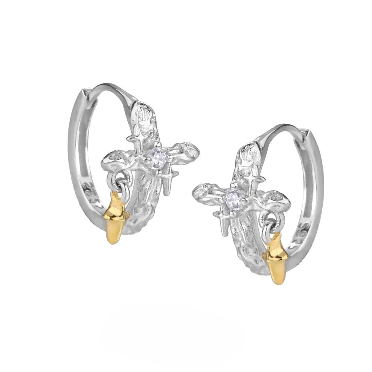 925 sterling silver geometric cross earrings with white gold tone finish and round decorative elements