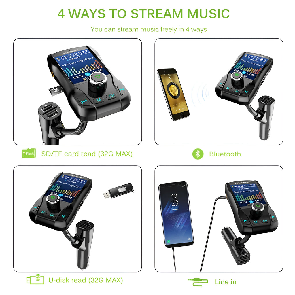 Black car Bluetooth FM transmitter with colour screen and dual USB ports for charging Apple and Android devices
