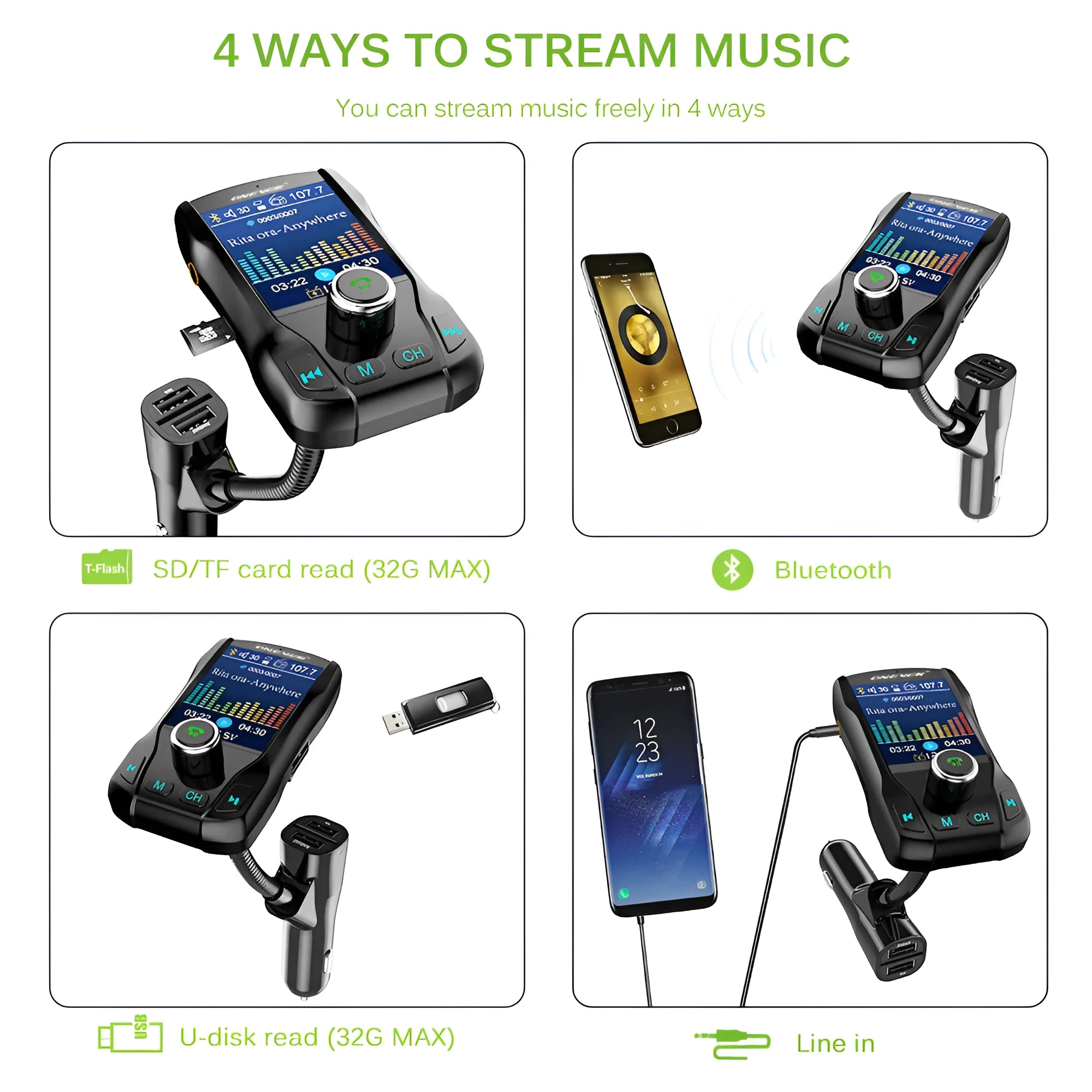 Black car Bluetooth FM transmitter with colour screen and dual USB ports for charging Apple and Android devices