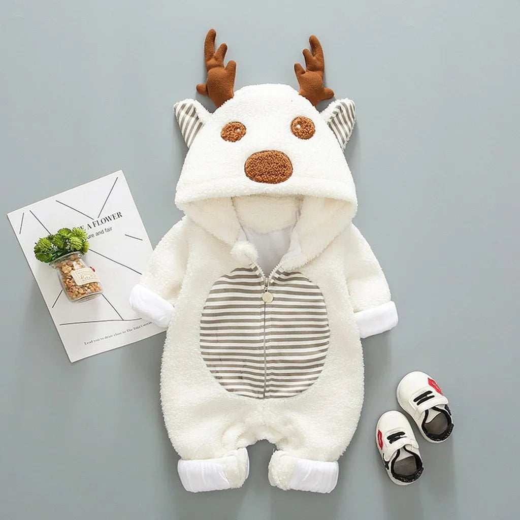 Baby wearing a long-sleeved khaki romper with lace-up strap closure on the front.