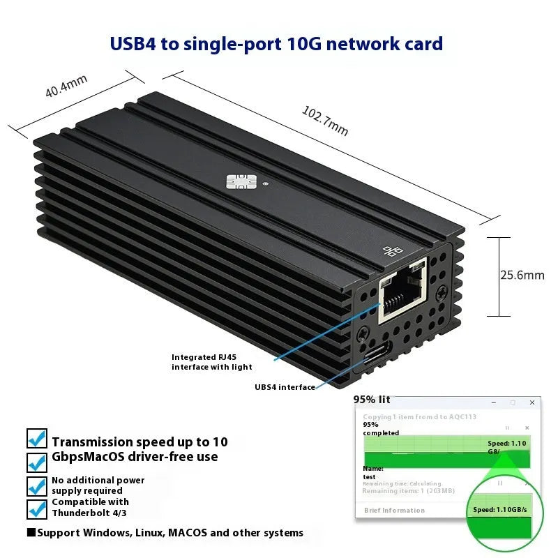 Black USB4 network adapter with RJ45 Ethernet port and 20cm cable for Thunderbolt 3/4 devices