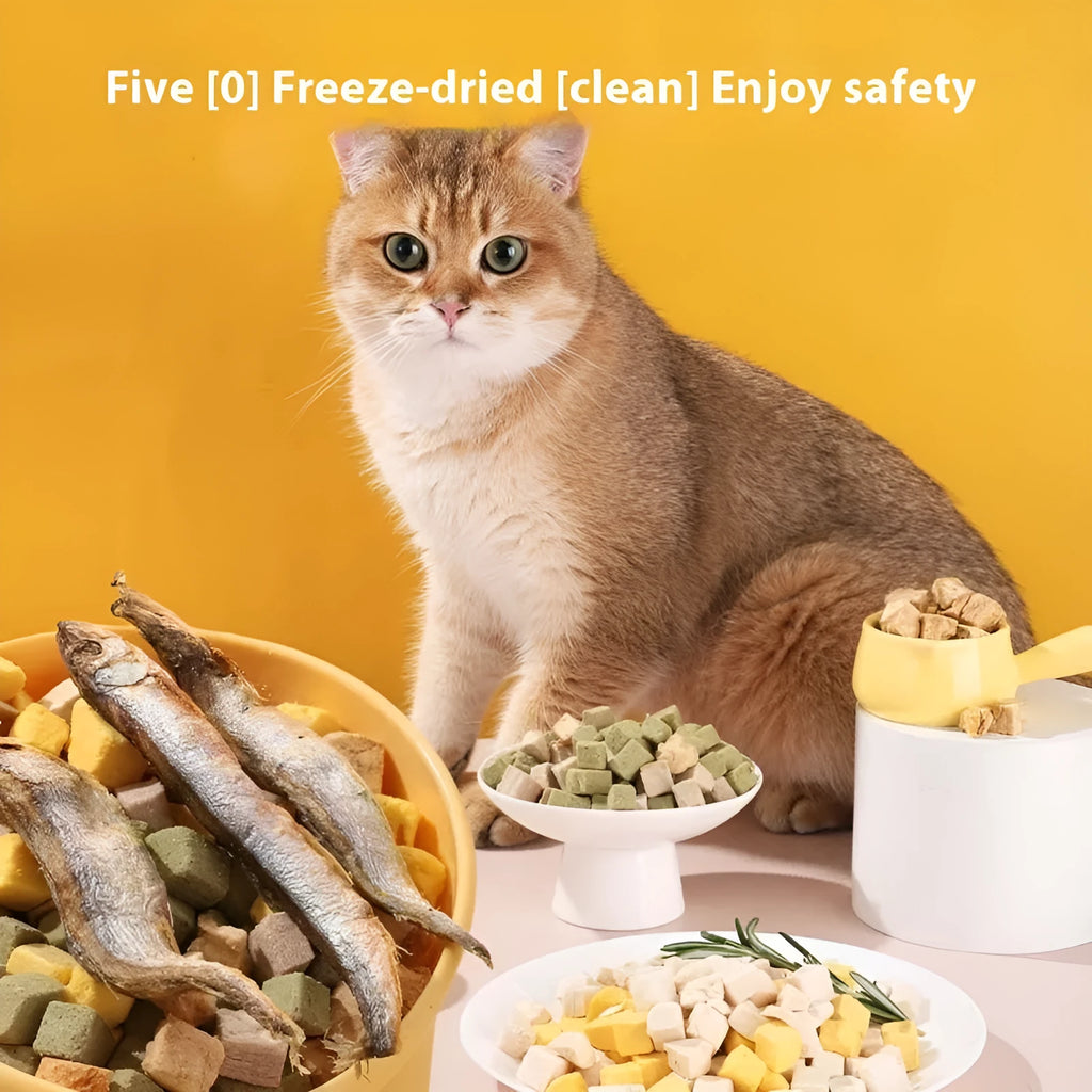 Freeze-dried pet snacks in seven flavours including chicken, salmon, and egg yolk, packaged in foil pouches
