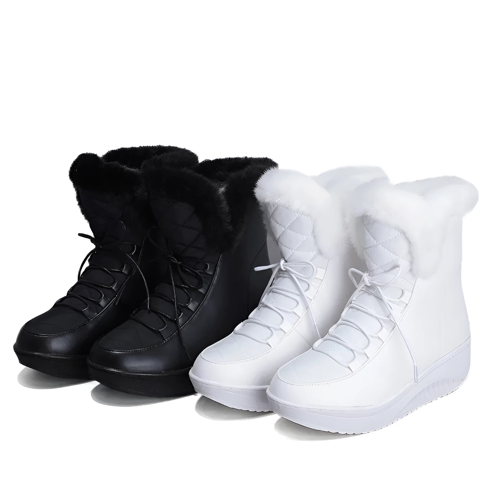 Black women's lace-up winter boots with 3cm platform sole on a neutral background