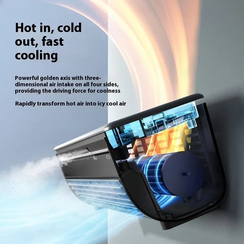 Gray rechargeable wall hanging fan with remote control and USB cable on a wall mount