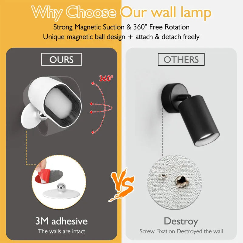 Modern white plastic magnetic wall lamp with a remote control on a wooden surface.