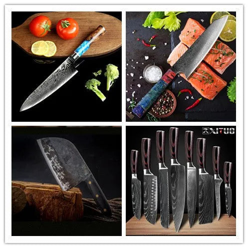 Eight-piece kitchen knife set with Damascus steel chef's knife and high-carbon steel vegetable knife on a work surface