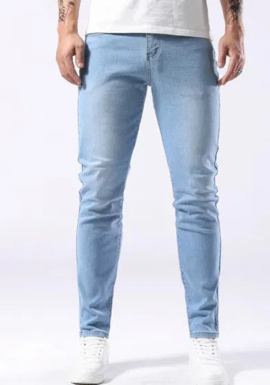 Men's light blue slim fit stretch skinny jeans, cotton denim full-length casual trousers in sizes S to 2XL