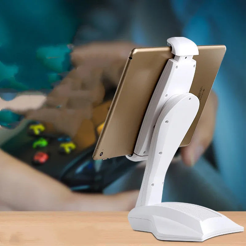 White adjustable tablet lazy support rack showing clip width adjustment mechanism