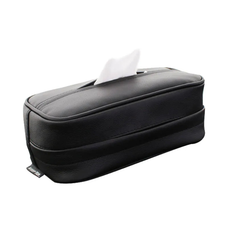 Black and beige PU leather hanging storage box for car, home and outdoor use.