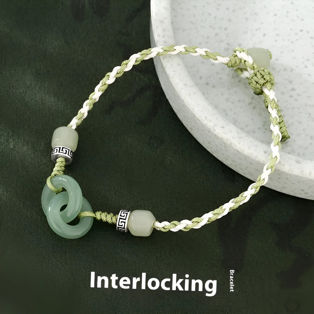 Green jade buckle women's bracelet with double ring design and copper construction