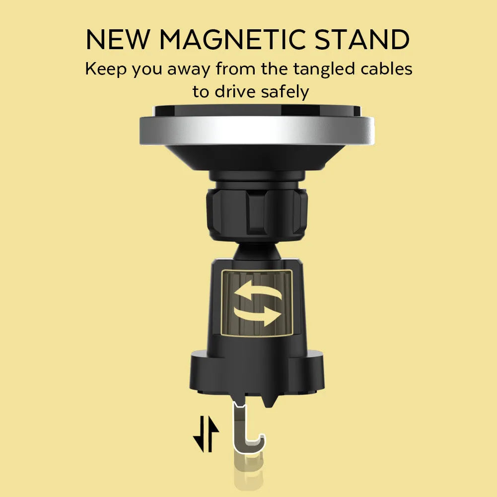 Magnetic wireless car charger for iPhone 12, aluminium alloy body, black silver gold border, 64mm diameter