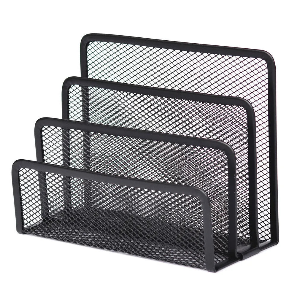 Three tier metal mesh desk organizer with iron frame storing papers and letters on a wooden desktop