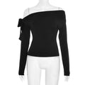 New pleated one-shoulder twisted knot tie asymmetric long sleeve T-shirt in solid black colour slim fit