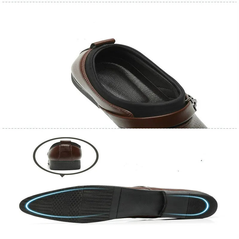 Men's black business formal PU leather shoes with non-slip rubber sole on a grey background