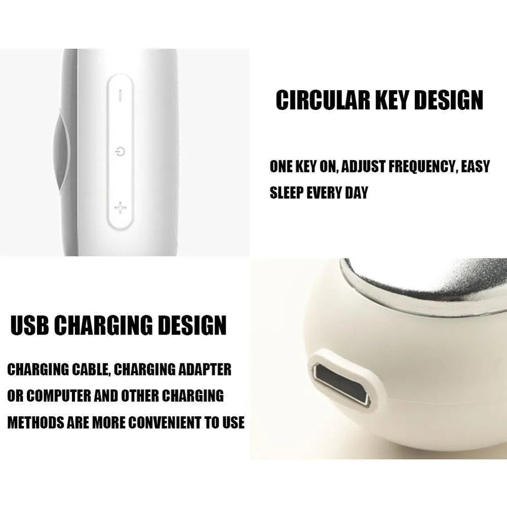 Handheld microcurrent sleep aid device with round button, USB charging port, and stainless steel electrodes in grey green orange colours