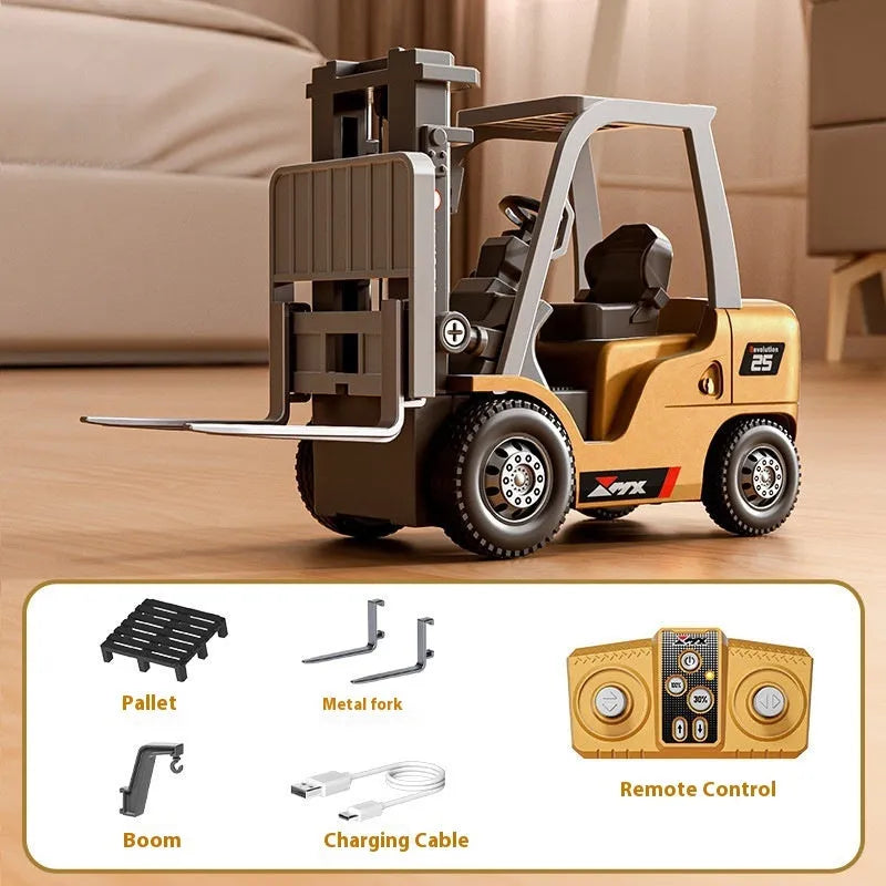 1:64 scale grey alloy remote control forklift toy with mini controller and cargo accessories on a pallet.
