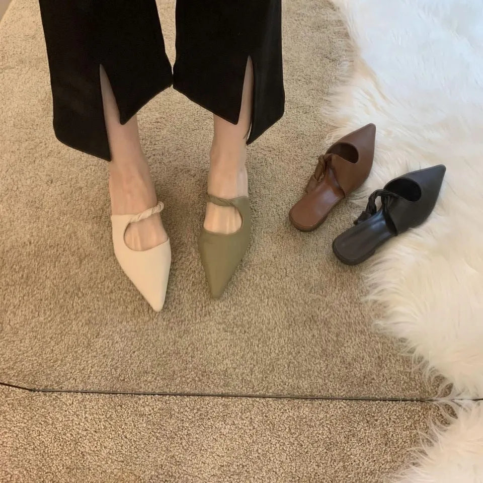 Spring design women's leather slippers with semi-toe box in four colour options