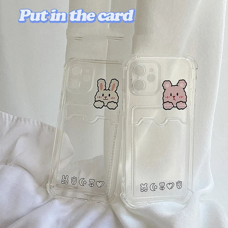 Transparent cartoon iPhone case with a built-in card holder slot.
