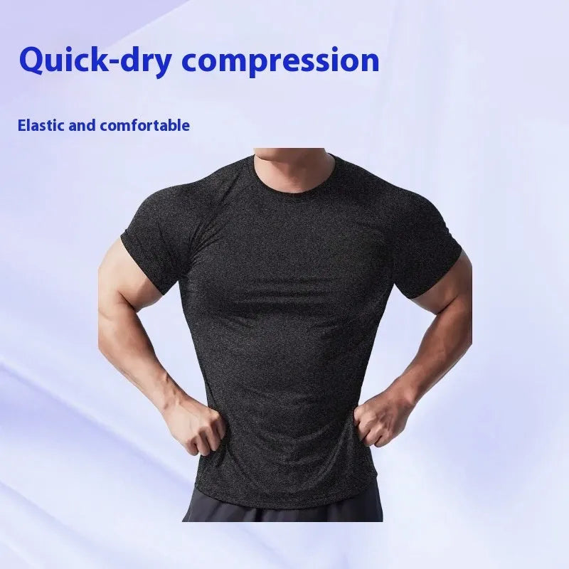 Men's tight stretch polyester quick-dry t-shirt in black, grey, green, or pink for running