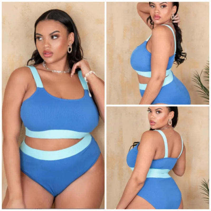 Women's high-waist split-leg bikini in polyester fabric available in extended sizes