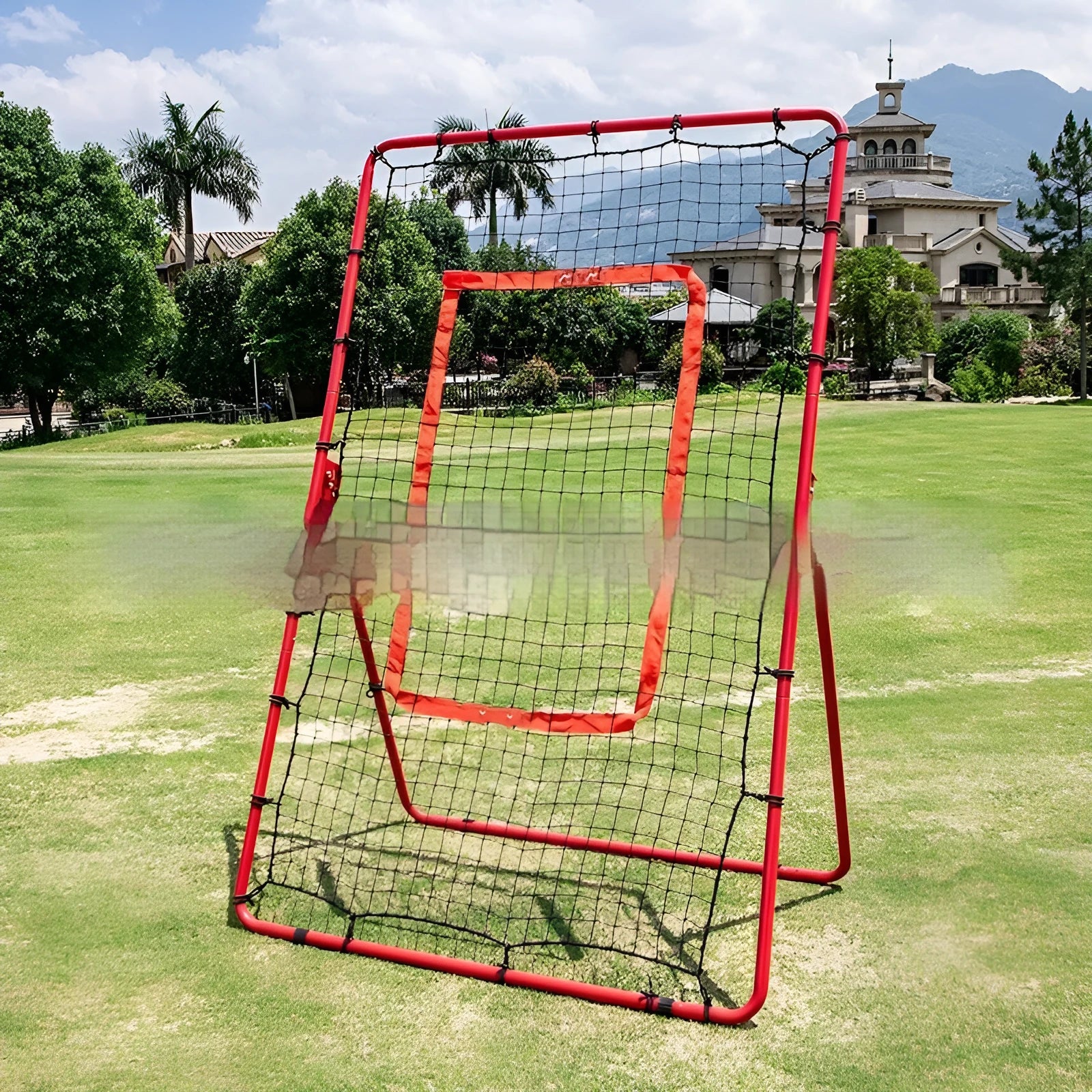 Red adjustable baseball training net with metal frame measuring 95cm wide