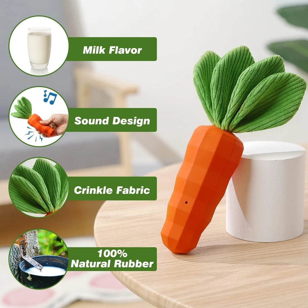 Milk flavour rubber carrot dog squeaky chew toy with green plush leaves for medium dogs