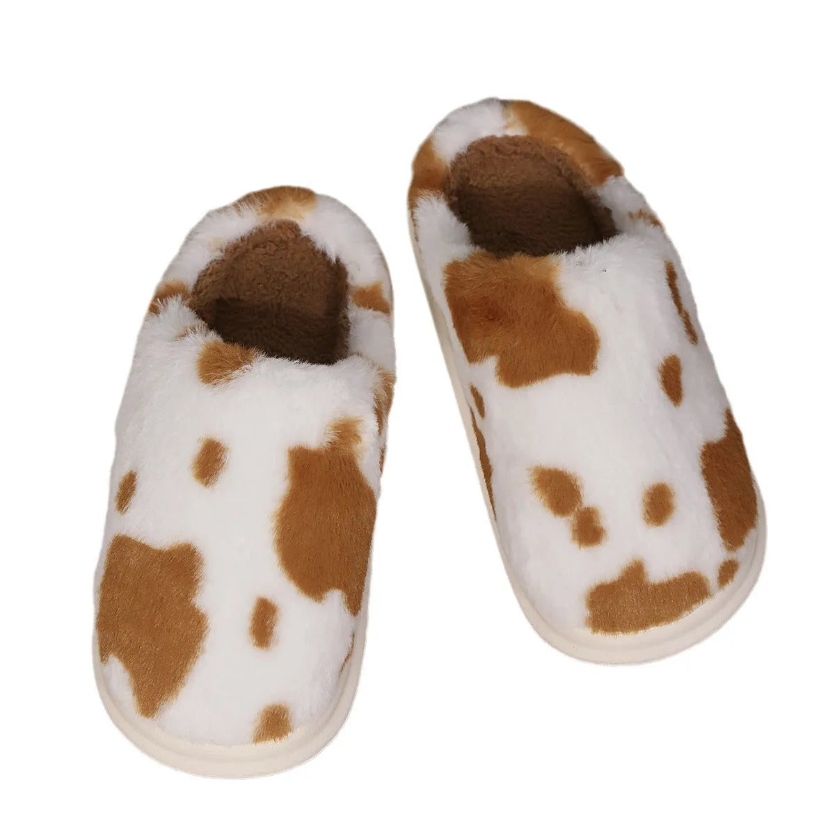 Cow spotted plush slippers in brown with non-slip sole winter indoor footwear