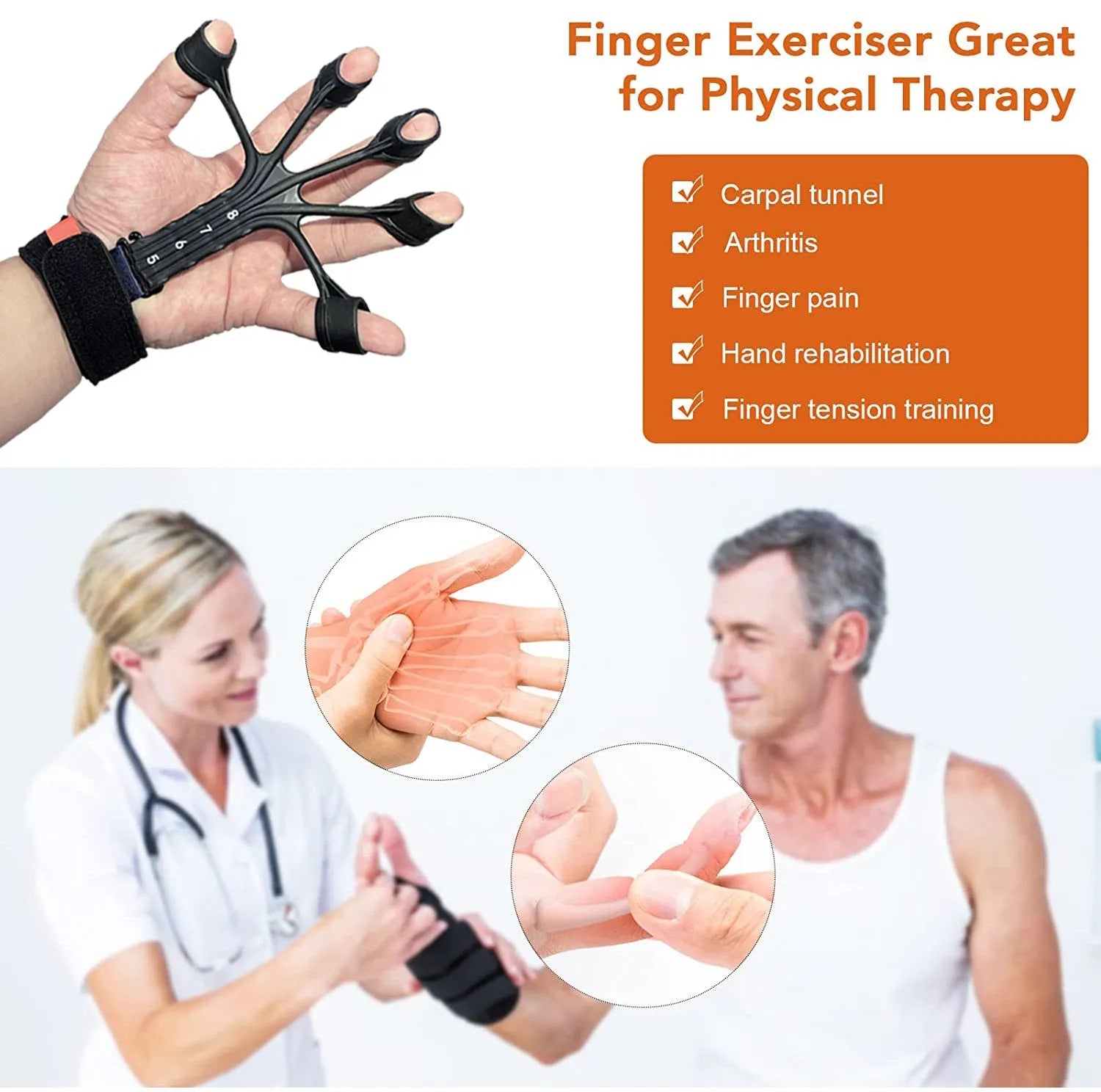 Black and grey silicone finger flexion extension trainer with adjustable elastic belts laid flat.