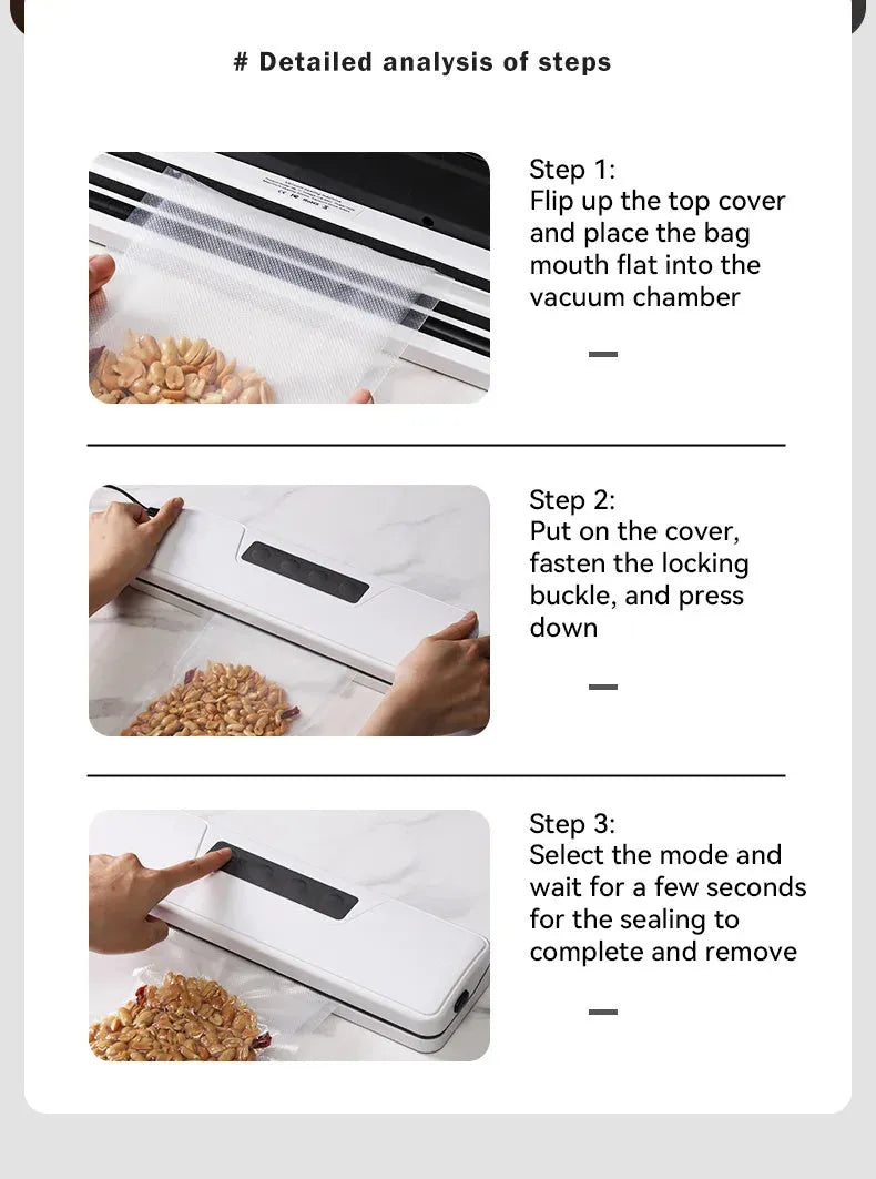 Compact white automatic vacuum sealer machine for household food preservation with wireless charging capability