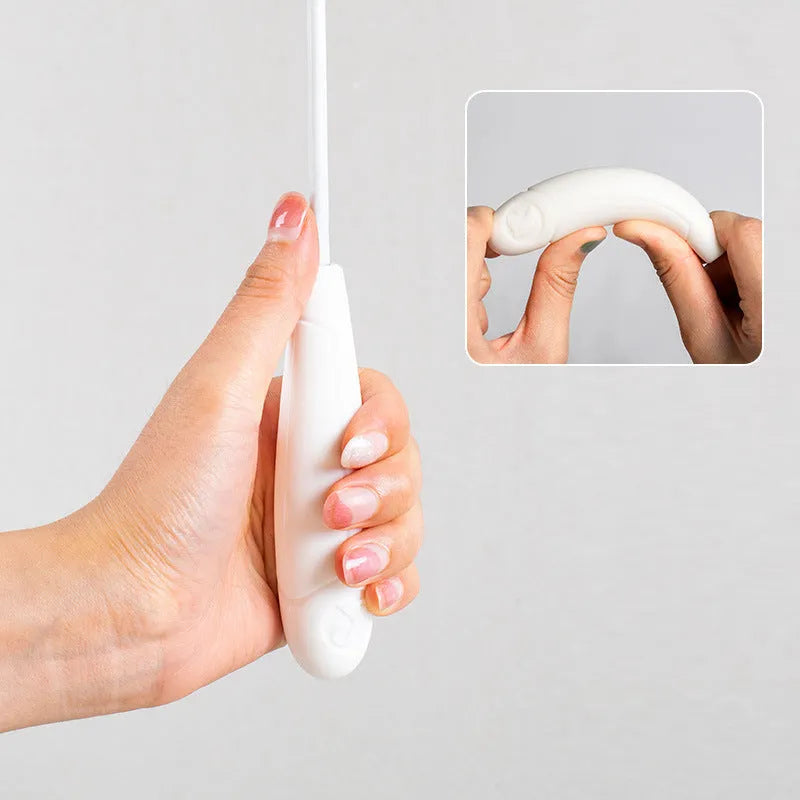 Telescopic fishing rod cat toy with goose feather teasers extended to show full length