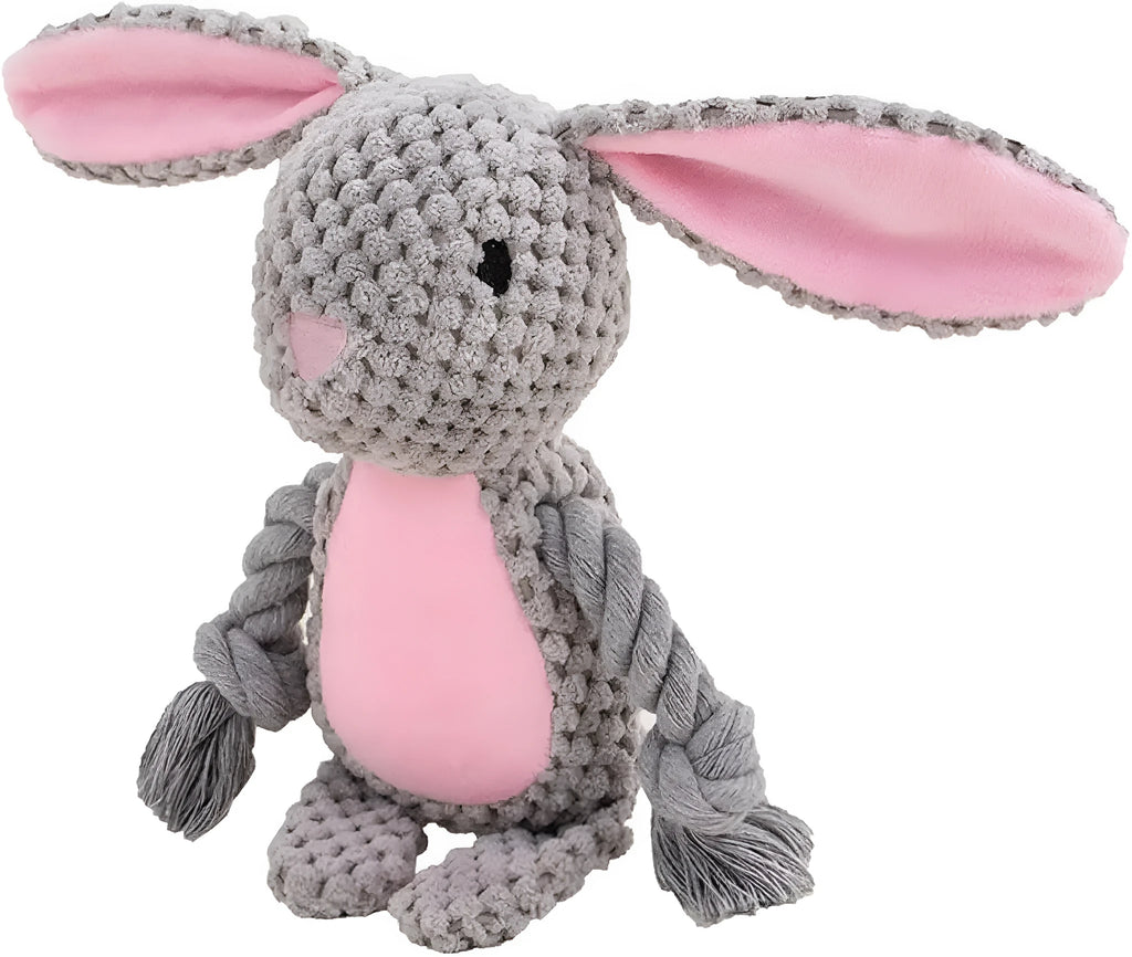 Soft plush dog toy with animal design, cotton rope tail, and internal squeaker and crinkle paper