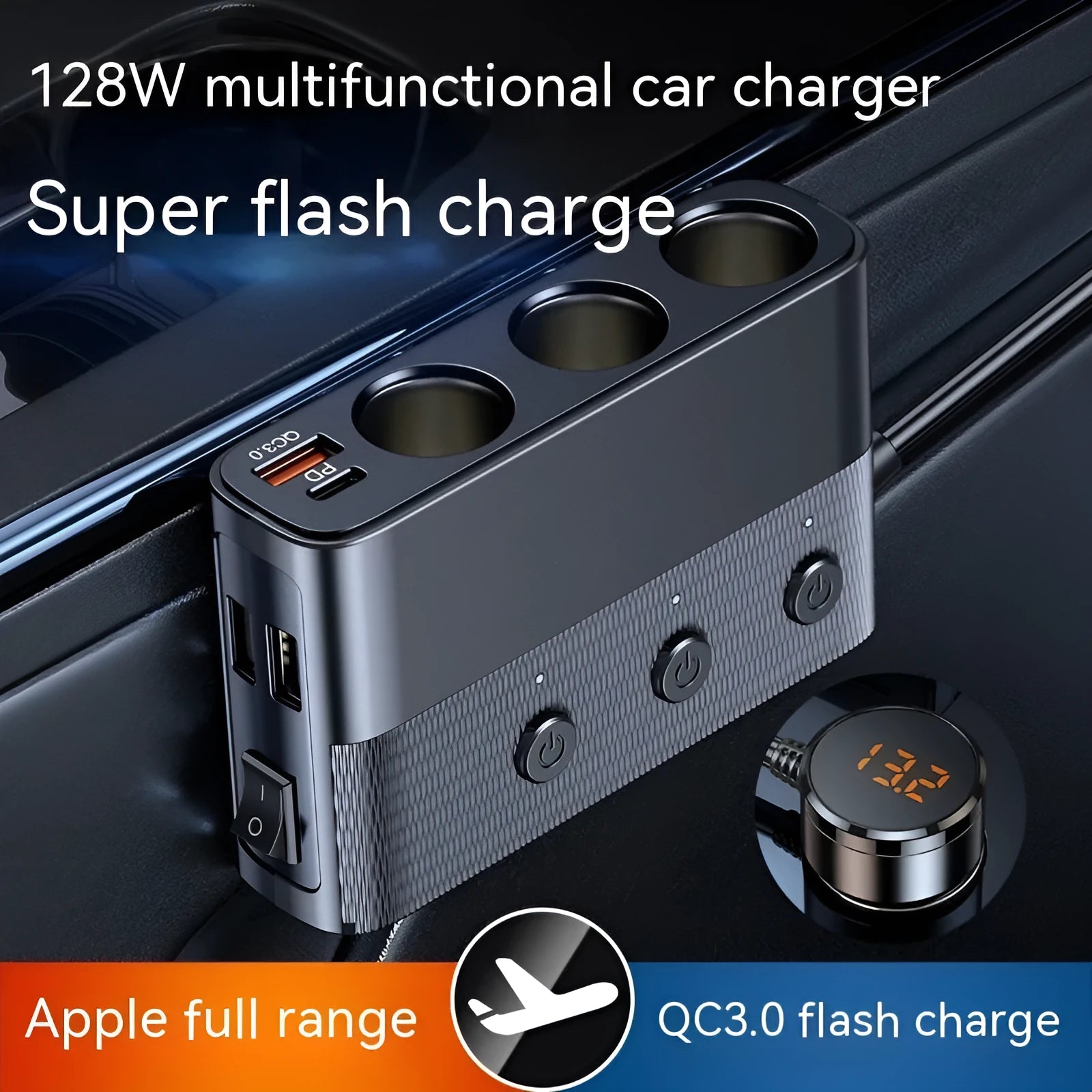 Black car cigarette lighter charger with USB QC3.0 and PD fast charging ports