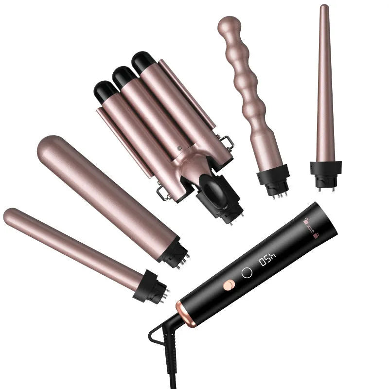 Rose gold negative ion hair curler with five interchangeable curling tubes and LCD display
