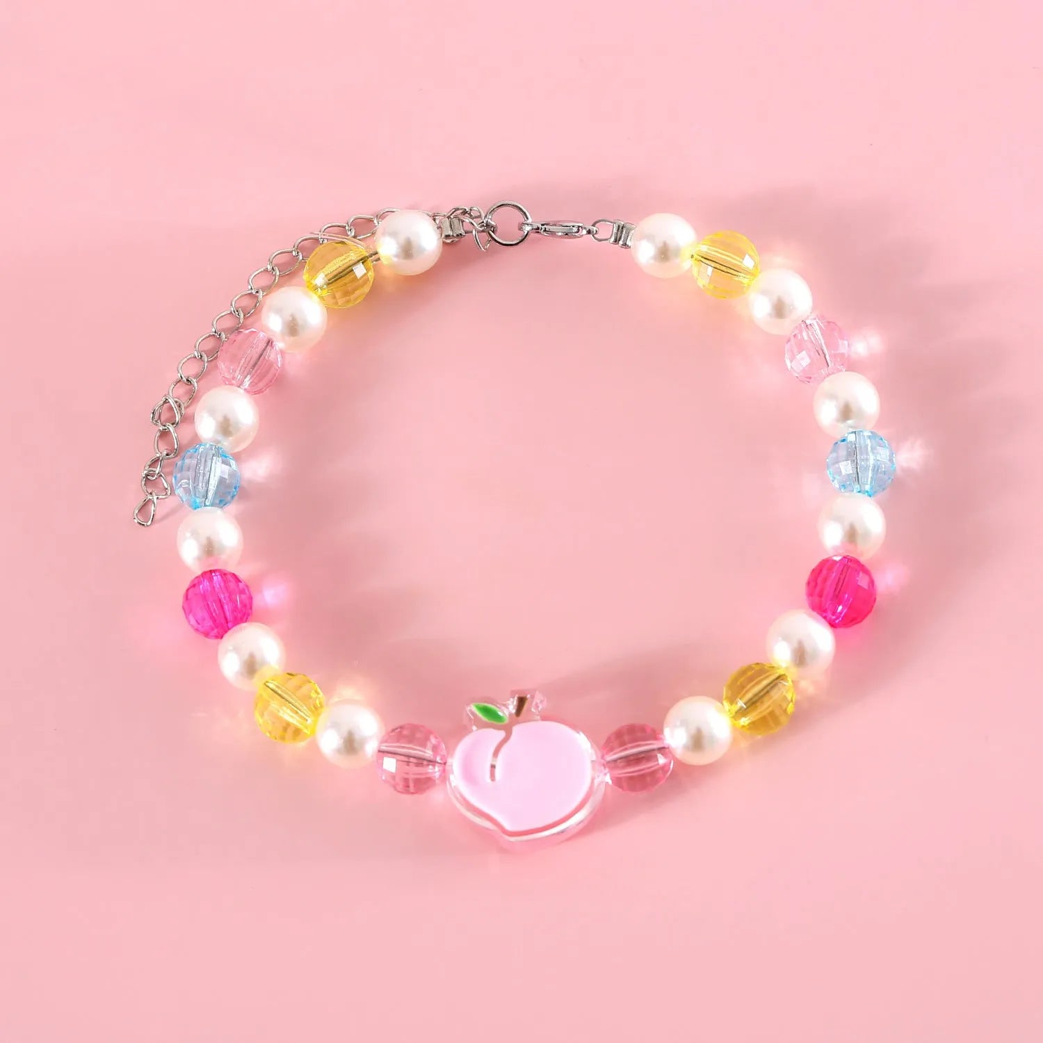 Colourful plastic pearl bead cat collar necklace showing rainbow, peach and small flower design options
