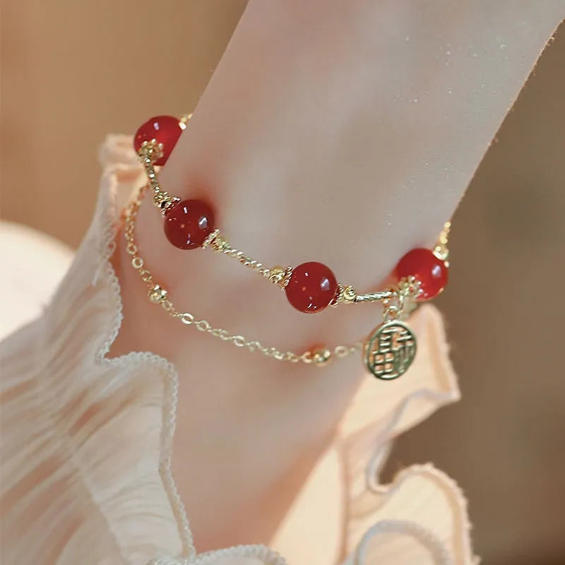 Red agate and alloy double-layer bracelet with horse blessing charm on adjustable band