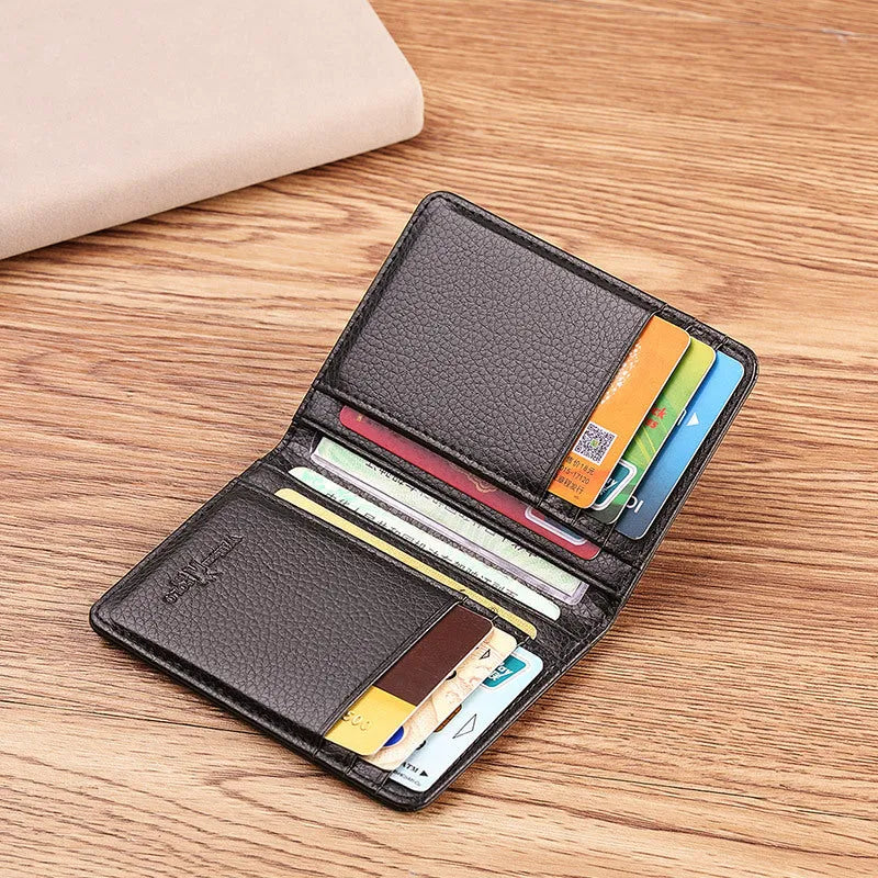 Ultra-thin cowhide driver's license card ID bag in solid colour, black, for men and women
