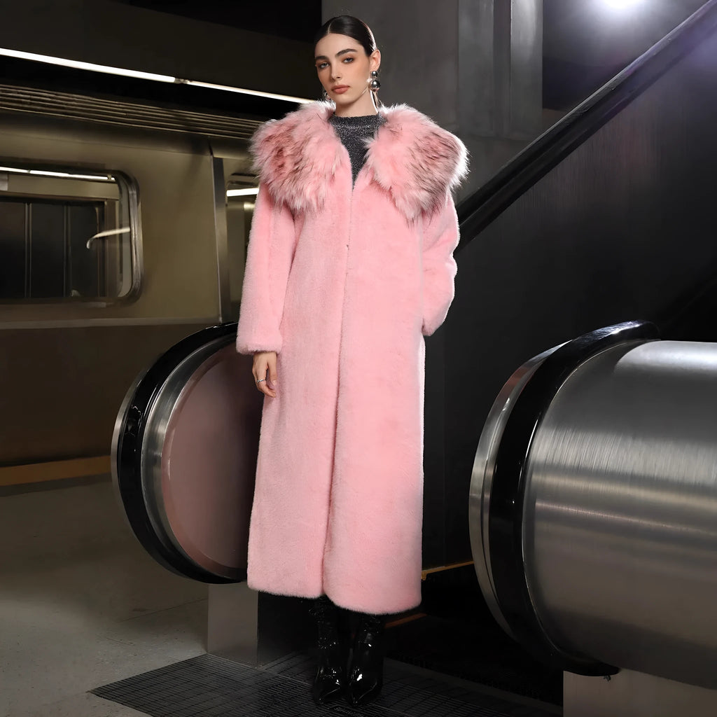 Women's long sleeve faux fur plush thermal long coat in pink with fur collar