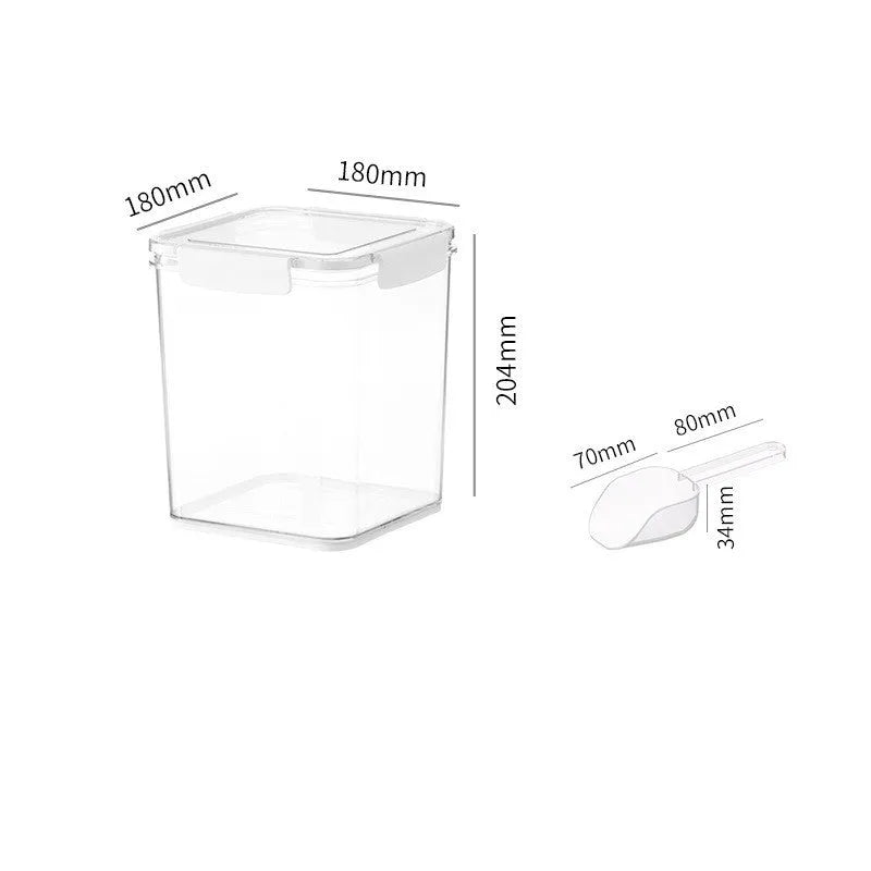 White sealed pet food storage bucket with silicone seal and scoop on shelf