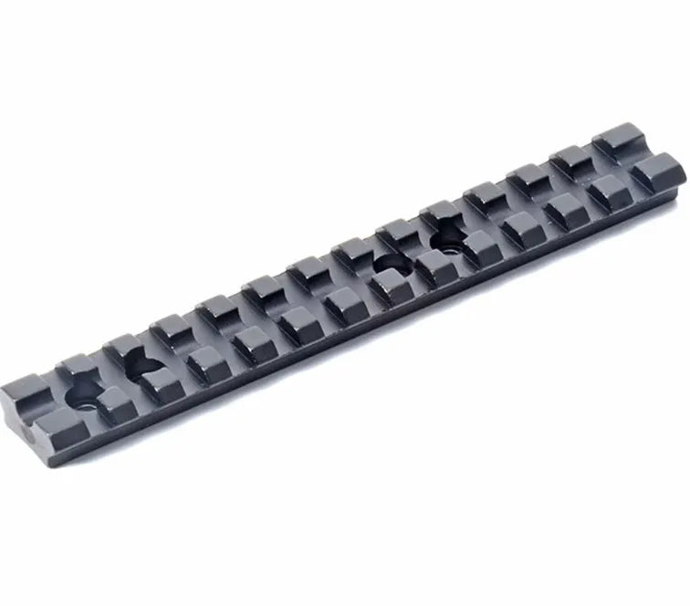 Black aluminium shotgun scope mount with 140mm rail showing 13 adjustment slots and included allen key