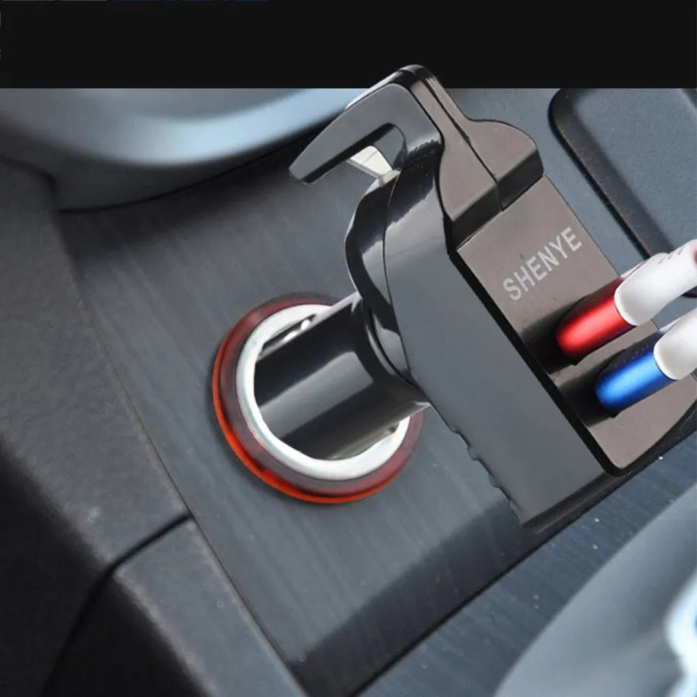 Car safety hammer with tungsten steel tip, seatbelt cutter, and fast charging port, black