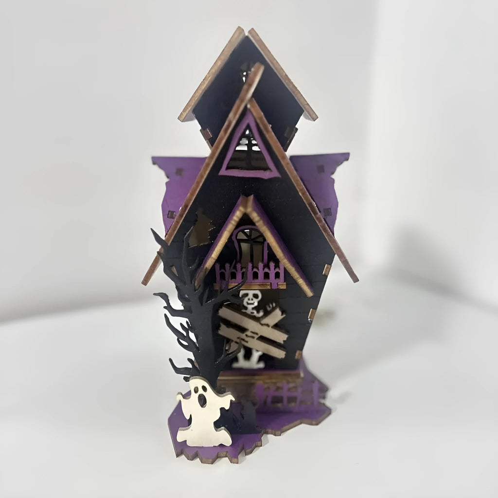 Wooden DIY haunted house Halloween decoration with luminous paint measuring 14x10.5x19cm