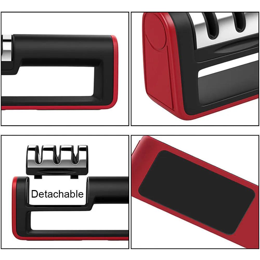 Professional three-stage knife sharpener in black with red trim, showing coarse, ceramic and fine abrasive slots.