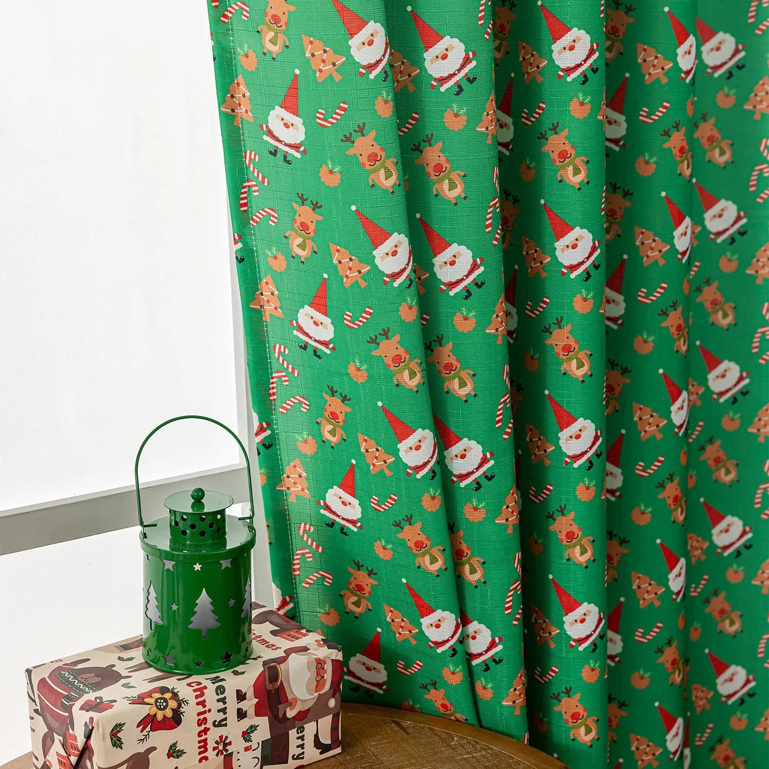 Red Christmas curtain with printed cartoon snowman and angel figures