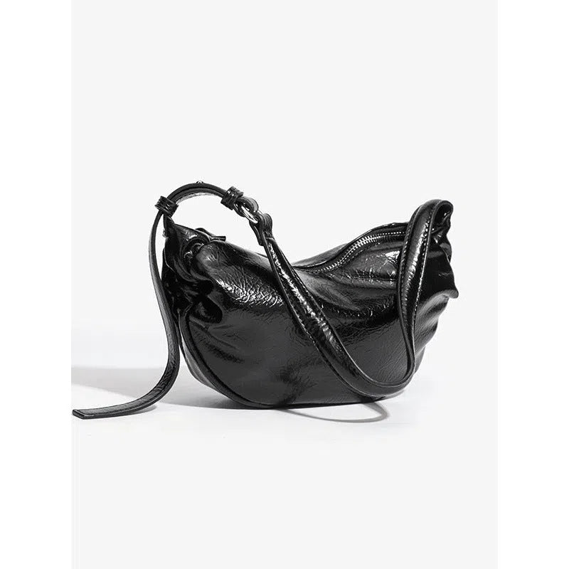Black PU pleated shoulder bag rock-and-roll style with dumpling shape and outer pocket