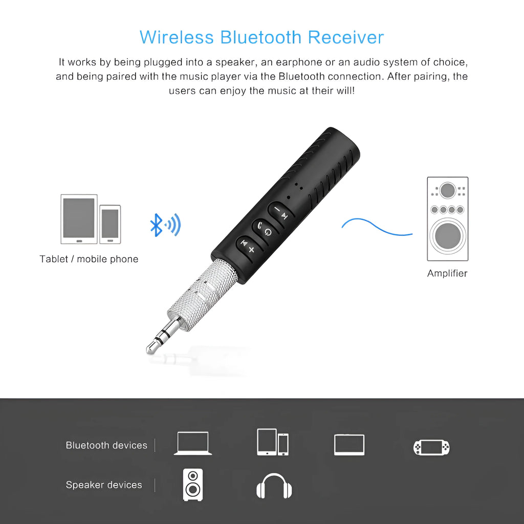 Black Bluetooth audio receiver car kit with 3.5mm jack for wireless music streaming and hands-free calling