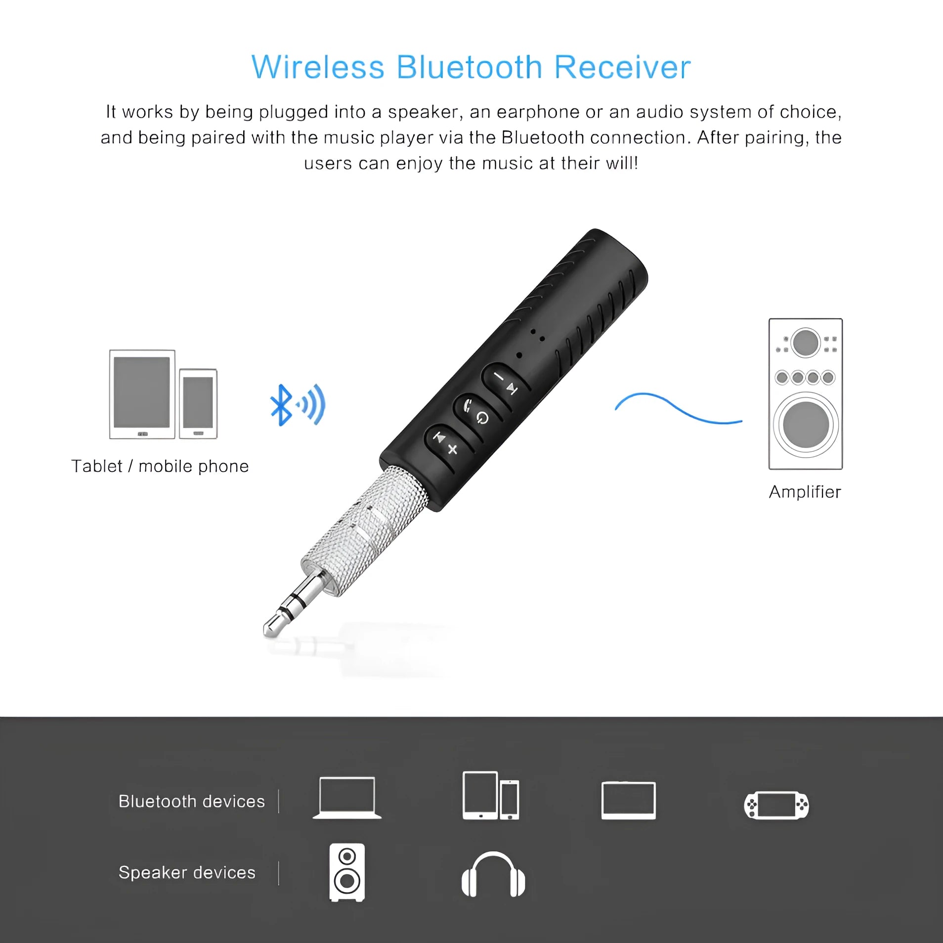 Black Bluetooth audio receiver car kit with 3.5mm jack for wireless music streaming and hands-free calling